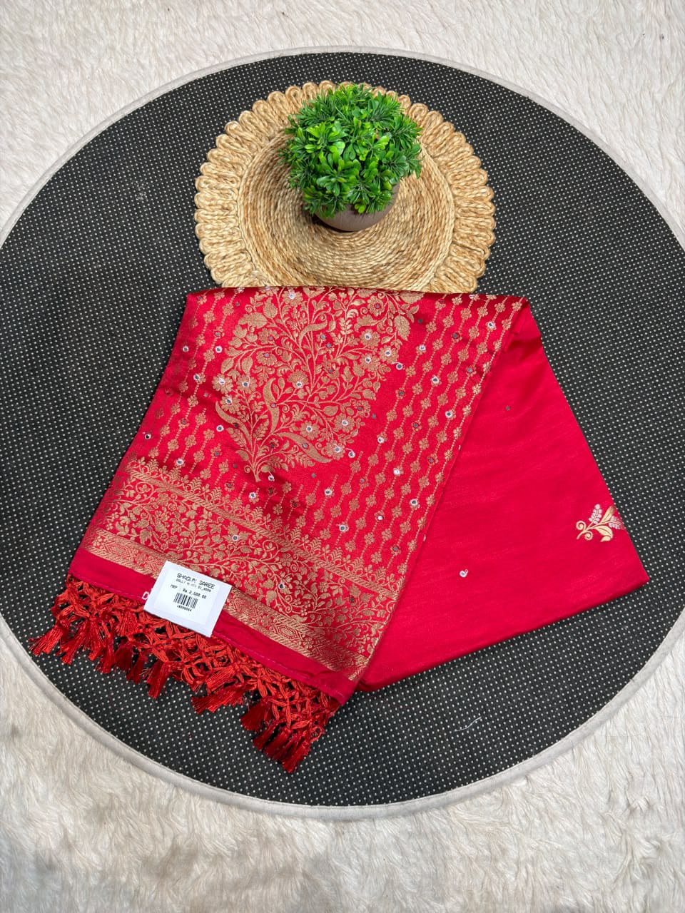 SHAGUN FASHION Premium Dola Silk Saree with Rich Gold Zari Weaving, Mirror Sequin Work & Tassels