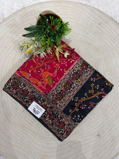 ✨ Traditional Pashmina Saree with Red Maroon Pallu 🕊️ | Moti & Embroidery Bird Design 🌳 | Festive & Wedding Wear 💃