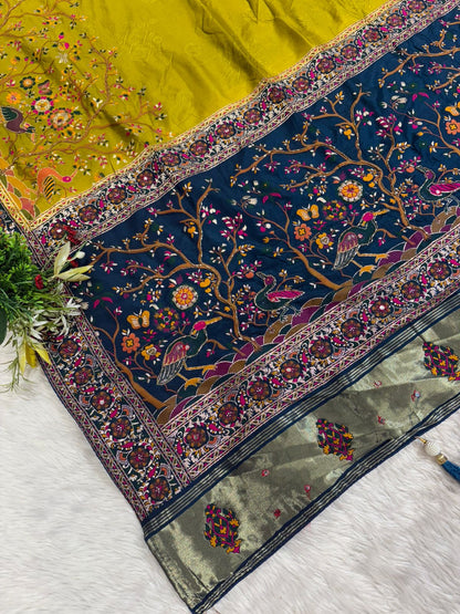 ✨ Traditional Pashmina Saree with Red Maroon Pallu 🕊️ | Moti & Embroidery Bird Design 🌳 | Festive & Wedding Wear 💃