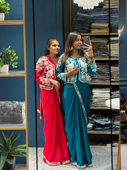Ready to Wear Embroidered Saree with Designer Blouse & Shrug ✨ | Shagun Fashion Exclusive 💃