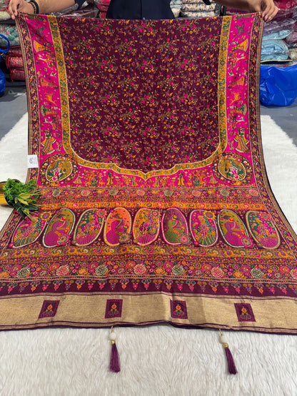 👑 Royal Pashmina Saree with King-Queen Pallu & Lagdi Patto | Vadivela & Floral Work | Just ₹1850! 🌸✨