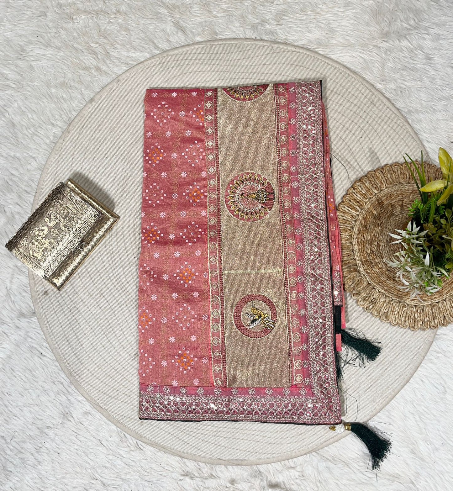 Bandhani Saree with Jarkan Work & Peacock Pallu