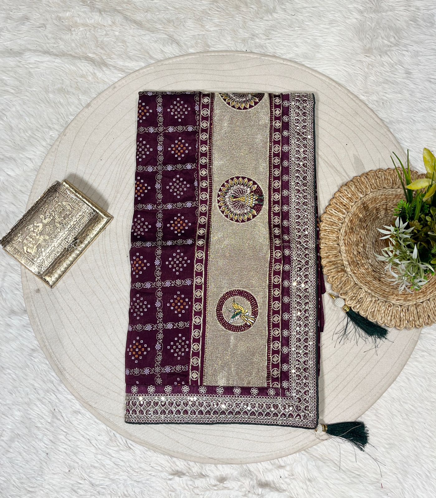 Bandhani Saree with Jarkan Work & Peacock Pallu
