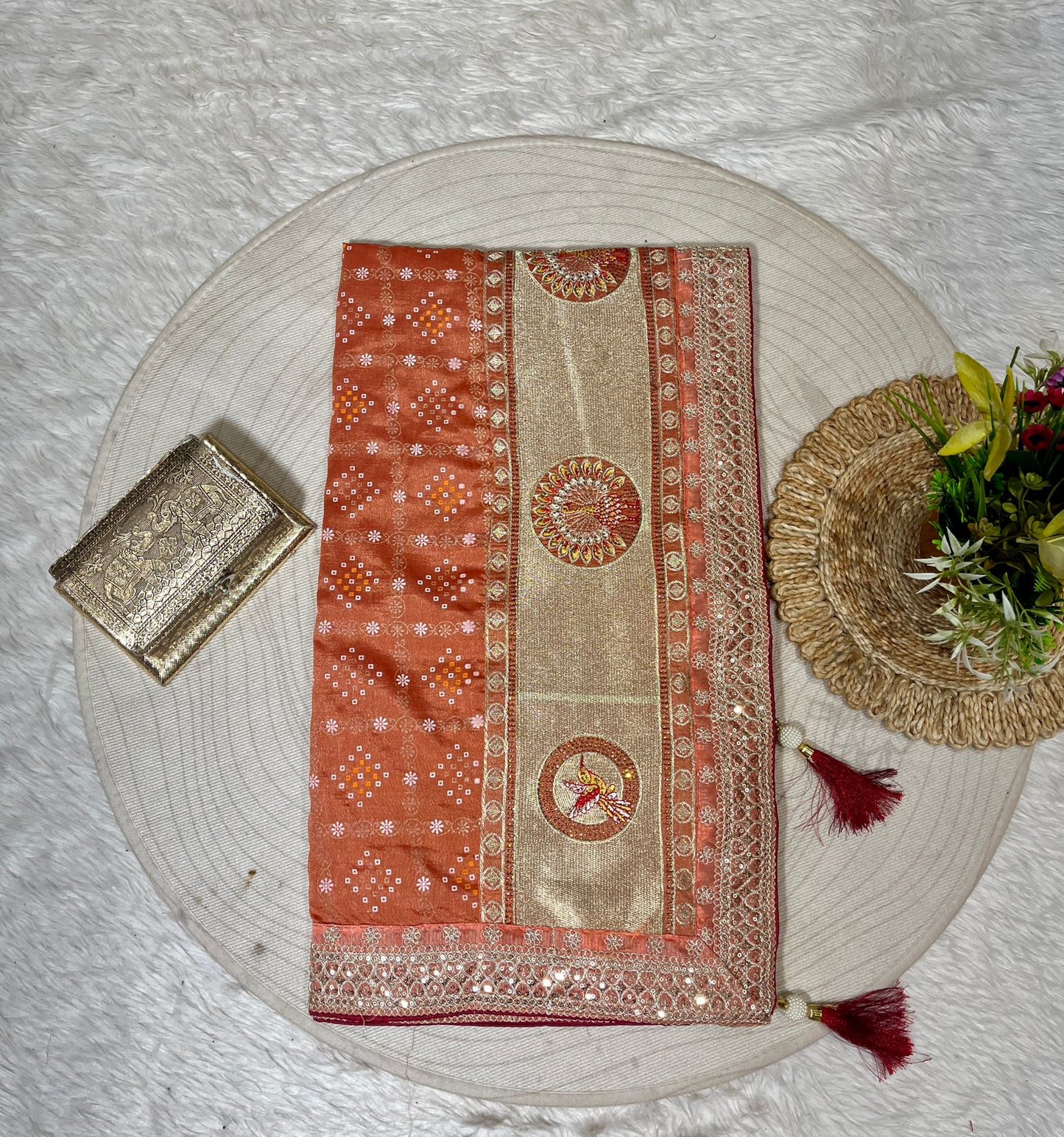 Bandhani Saree with Jarkan Work & Peacock Pallu