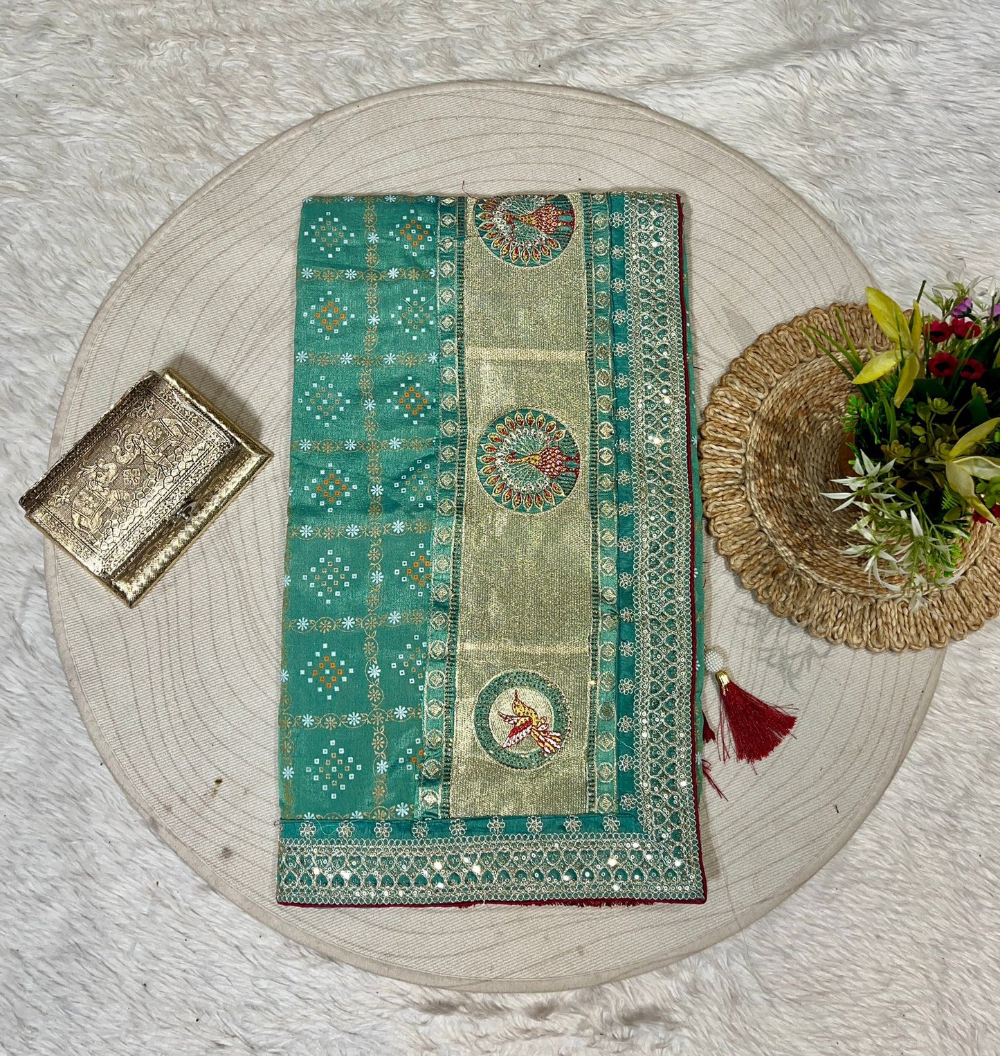 Bandhani Saree with Jarkan Work & Peacock Pallu