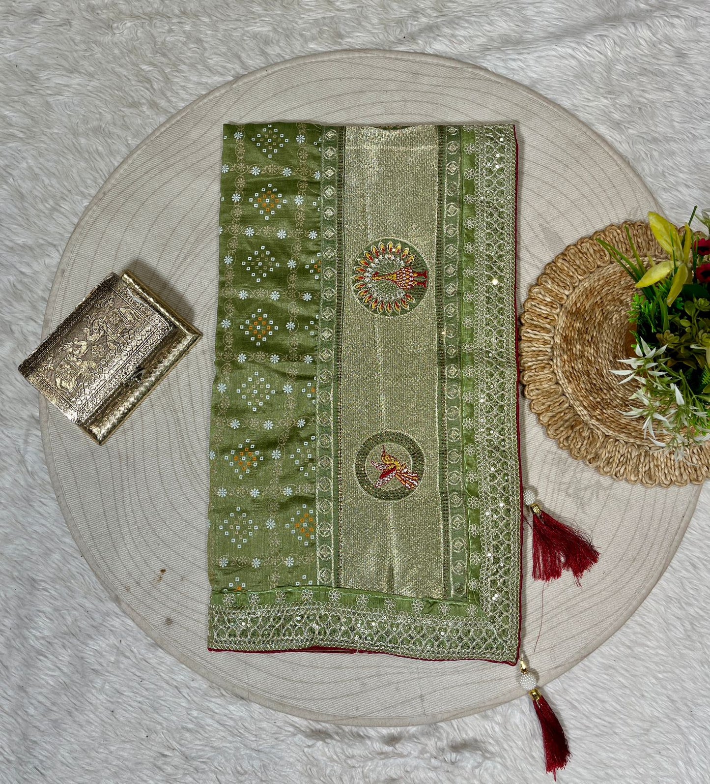 Bandhani Saree with Jarkan Work & Peacock Pallu
