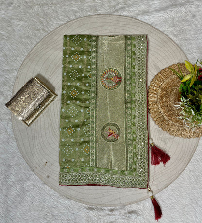 Bandhani Saree with Jarkan Work & Peacock Pallu