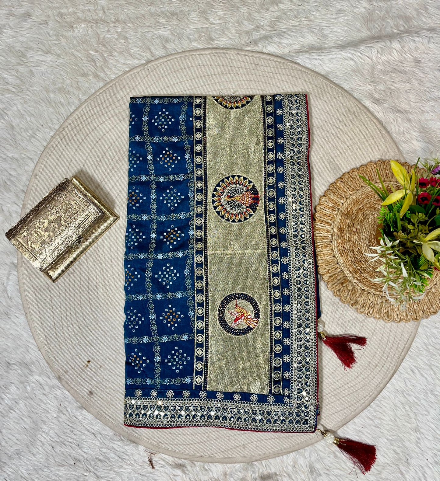 Bandhani Saree with Jarkan Work & Peacock Pallu