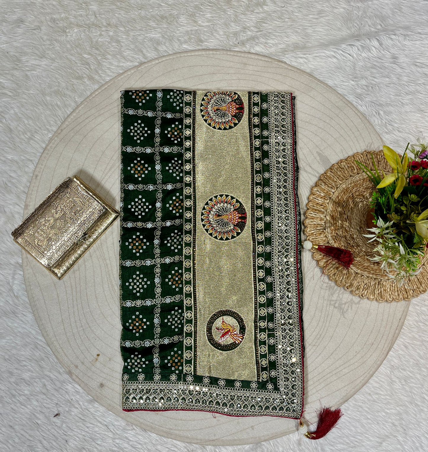 Bandhani Saree with Jarkan Work & Peacock Pallu