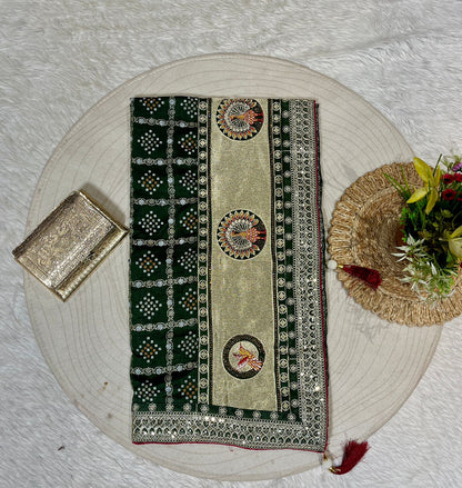 Bandhani Saree with Jarkan Work & Peacock Pallu