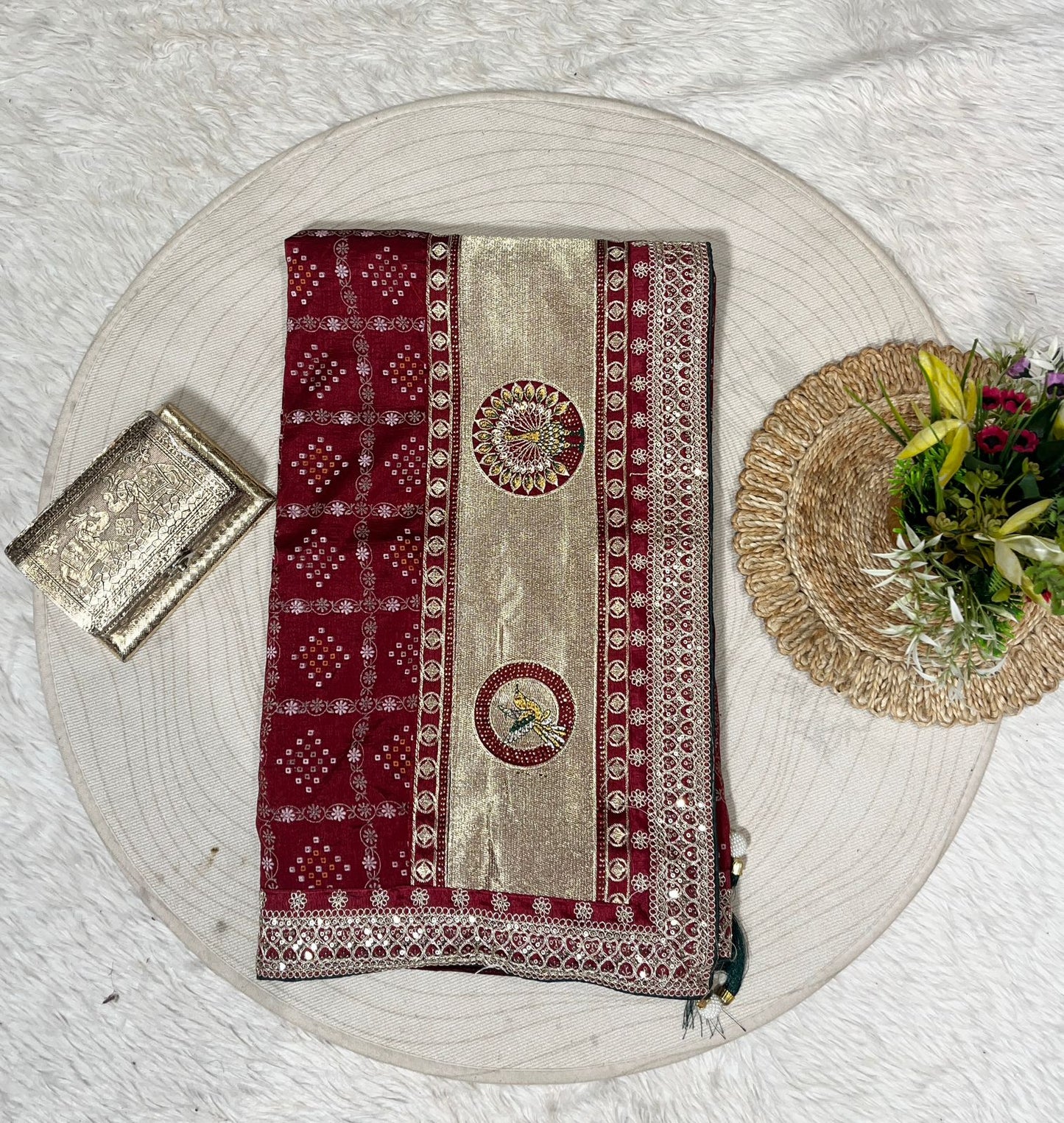 Bandhani Saree with Jarkan Work & Peacock Pallu