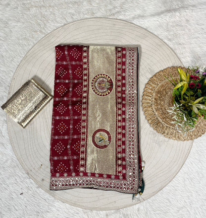 Bandhani Saree with Jarkan Work & Peacock Pallu