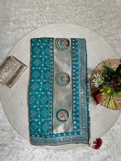 Bandhani Saree with Jarkan Work & Peacock Pallu