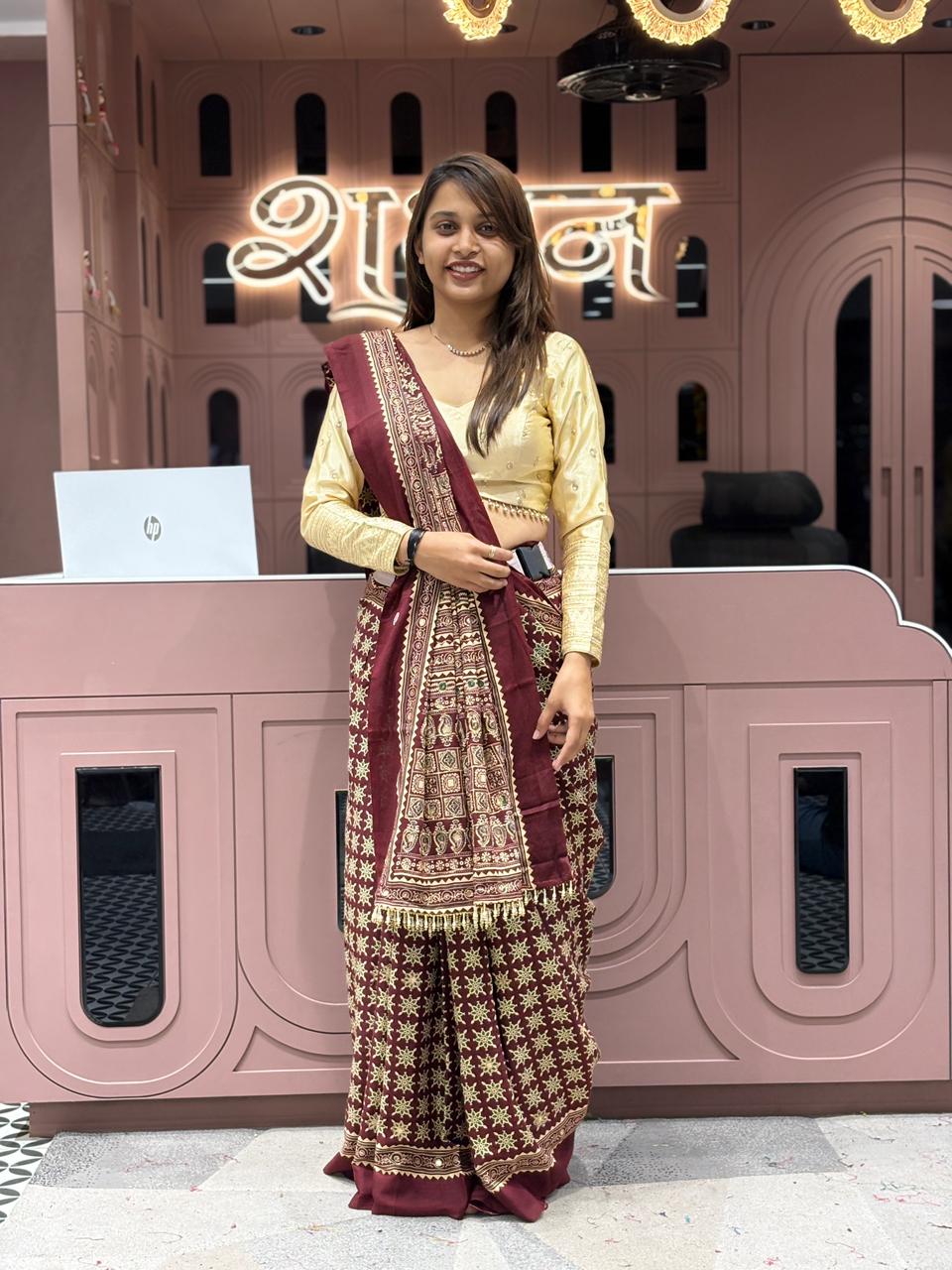 Ajrakh Aari Work Saree with Moti Jhalar | Traditional Printed Saree