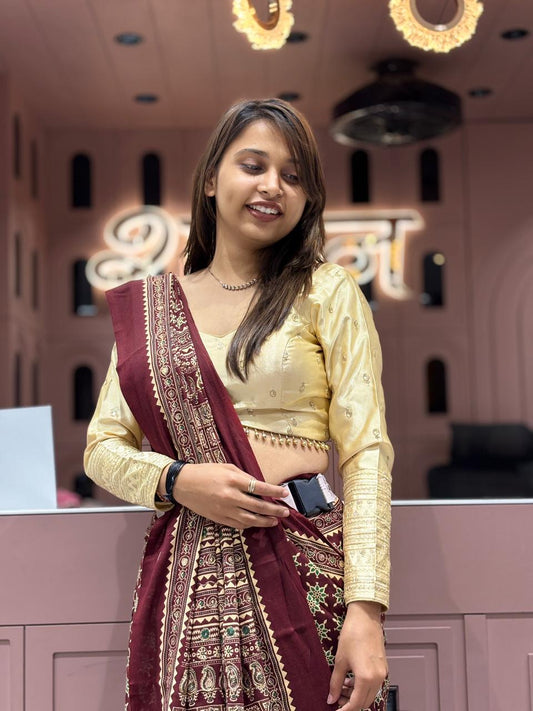 Ajrakh Aari Work Saree with Moti Jhalar | Traditional Printed Saree