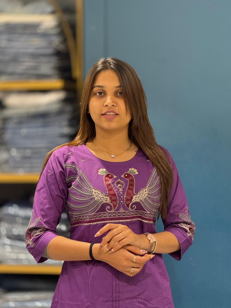 Embroidered Cotton Kurti Set with Peacock Design for Women