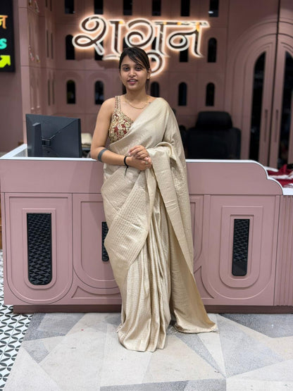 SHAGUN FASHION Champagne Gold Shimmer Saree with Designer Embroidered Elephant Blouse