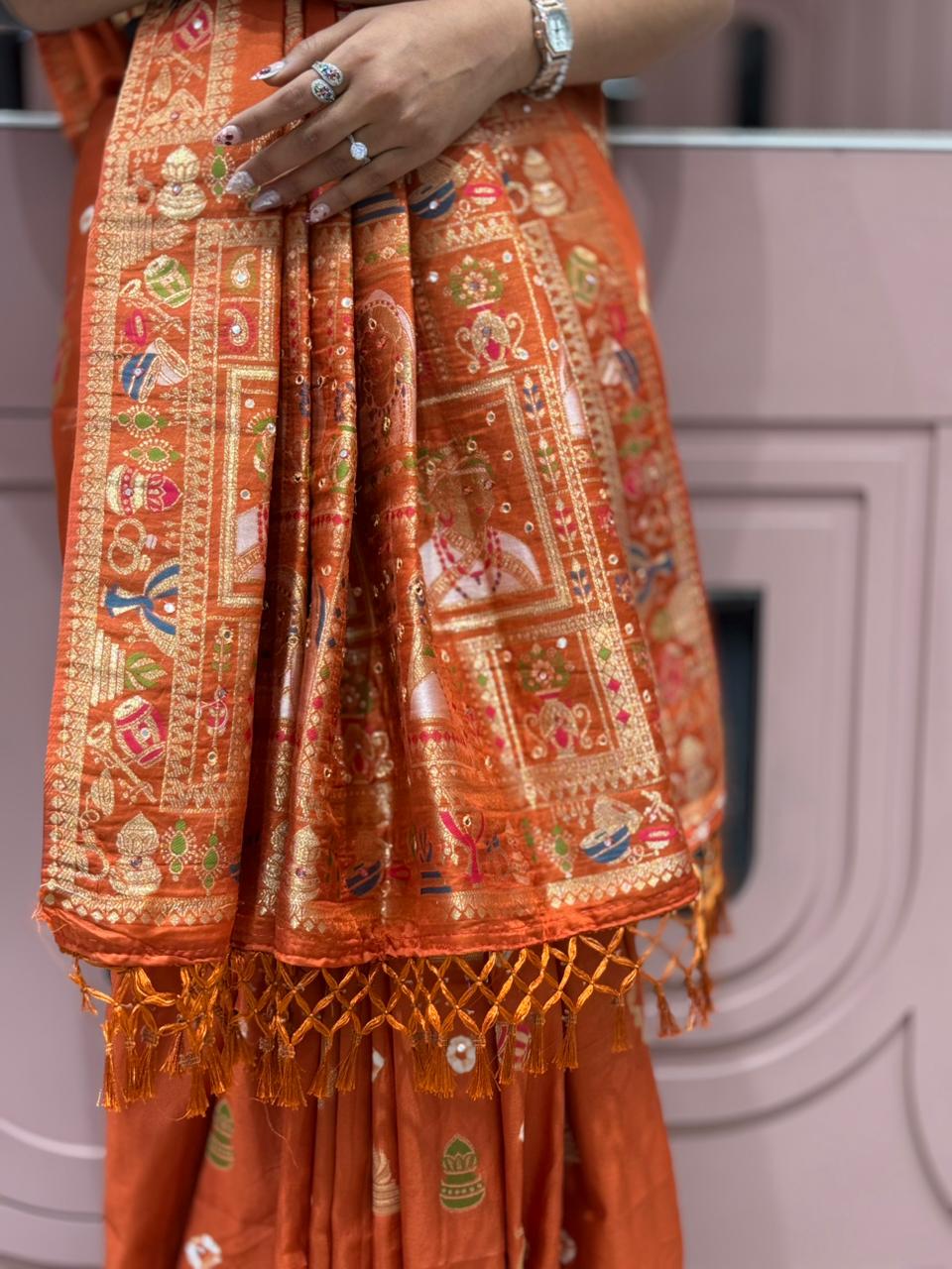Banarasi Style Silk Saree with Golden Zari Work | Shagun Sarees