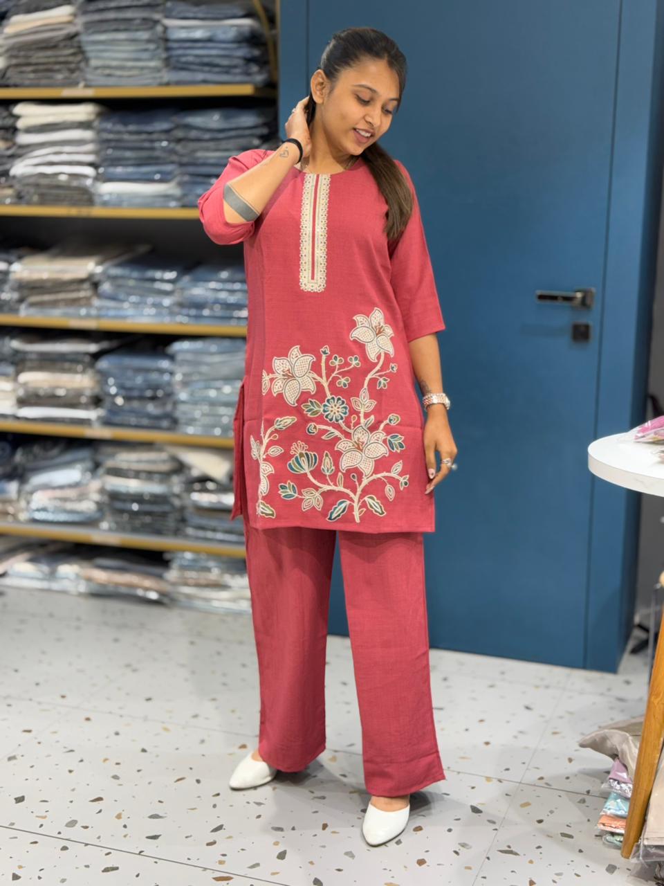 Floral Embroidered Kurti Set for Women | Straight Kurti with Pants – Shagun Fashion