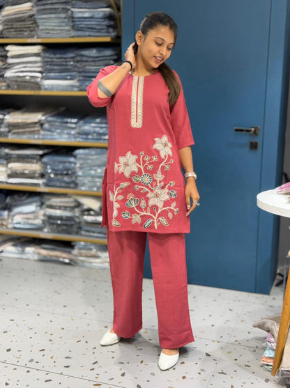 Floral Embroidered Kurti Set for Women | Straight Kurti with Pants – Shagun Fashion