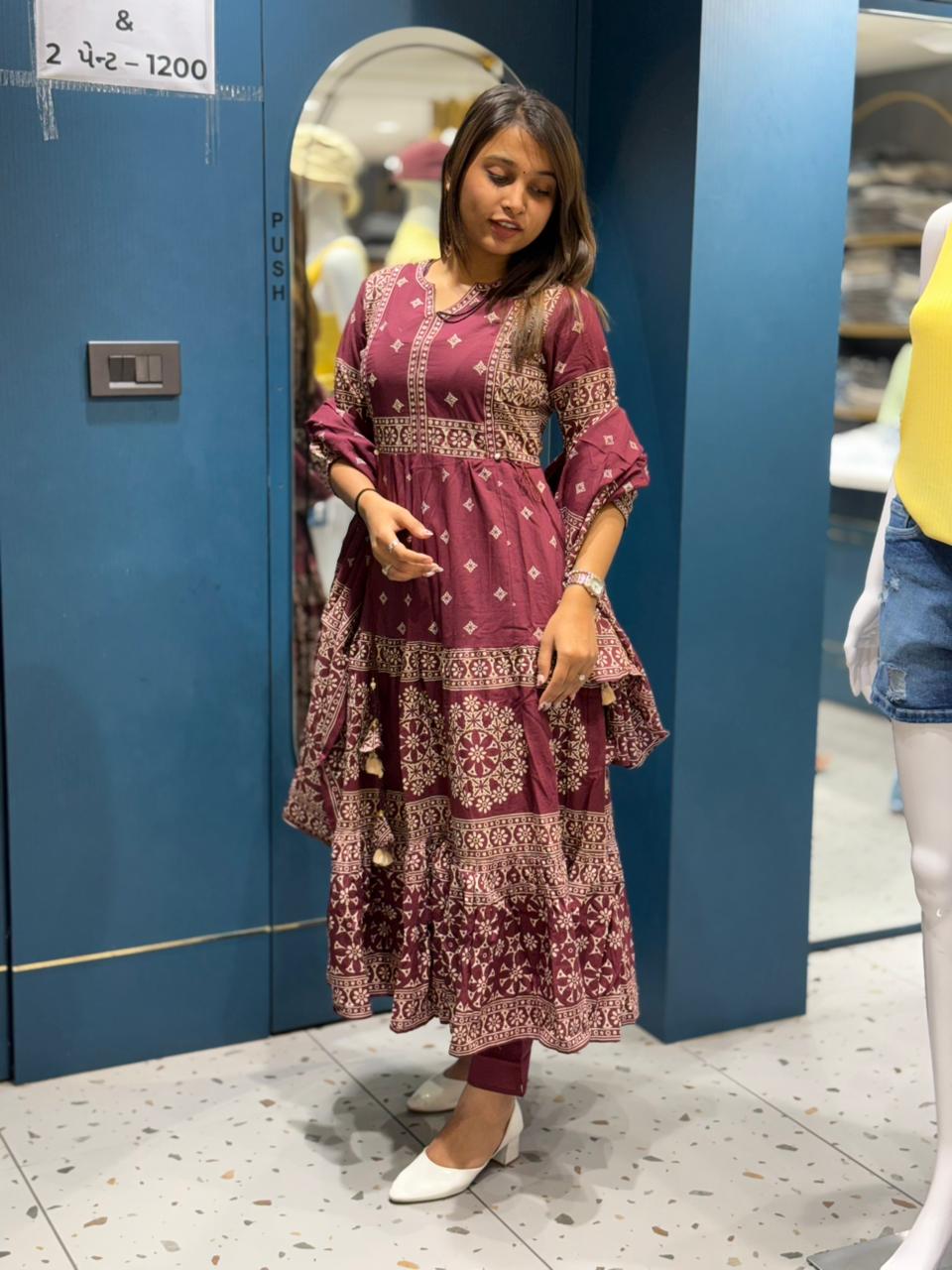 Printed Anarkali Kurti for Women | Flared Cotton Ethnic Wear by Shagun Fashion