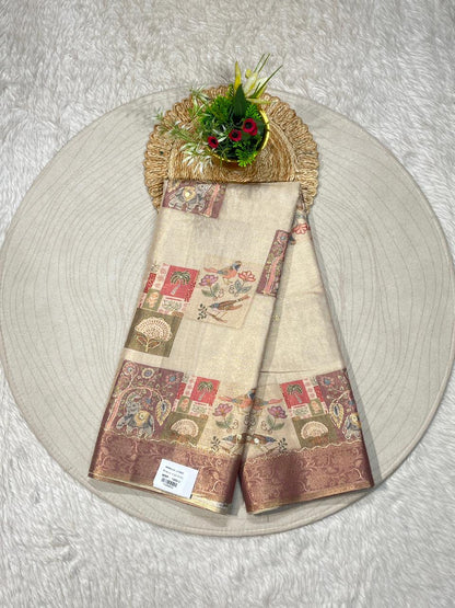 SHAGUN FASHION Beige Silk Saree with Artistic Printed Pallu & Border