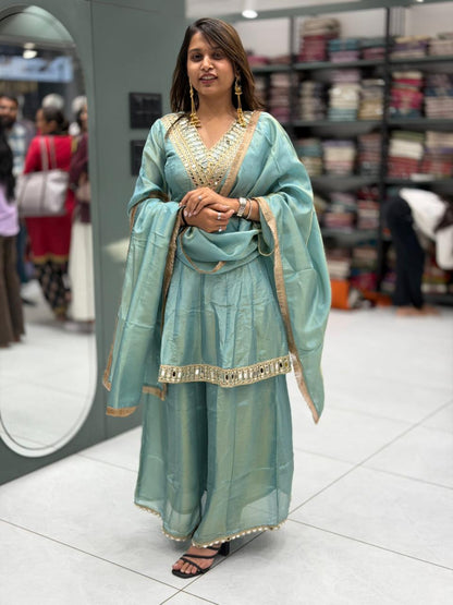 Mirror Work Kurta Palazzo Set with Dupatta – Elegant Festive Wear