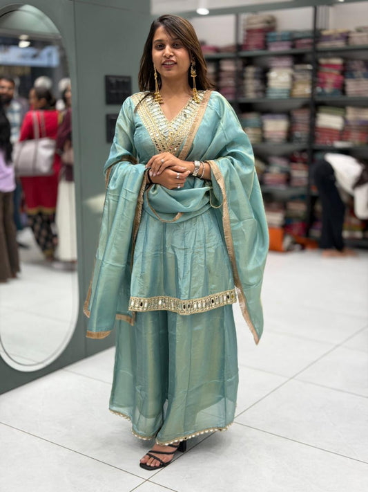 Mirror Work Kurta Palazzo Set with Dupatta – Elegant Festive Wear