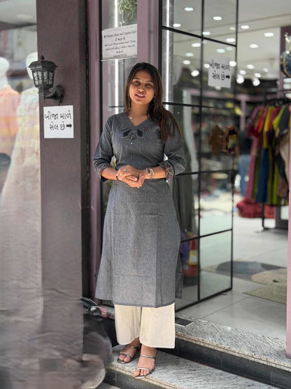SHAGUN FASHION Anvita Brad Kurti Elegant Charcoal Grey Embroidered Cotton Kurti for Women