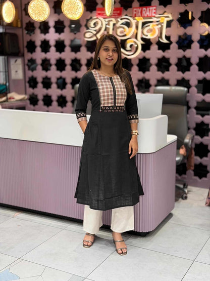 SHAGUN FASHION Anvita Brad Kurti Classic Black Cotton A-Line Kurti with Checkered Panel & Ethnic Detailing – Elegant Office & Casual Wear