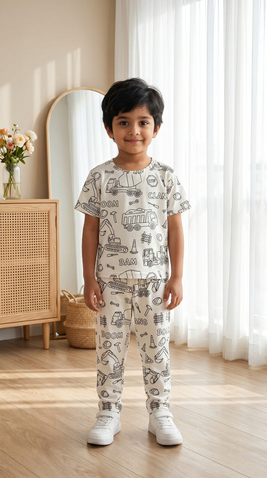Arni Arts Creative Construction Theme Colorable Girls And Boys  Night Suit Set by SHAGUN KIDS