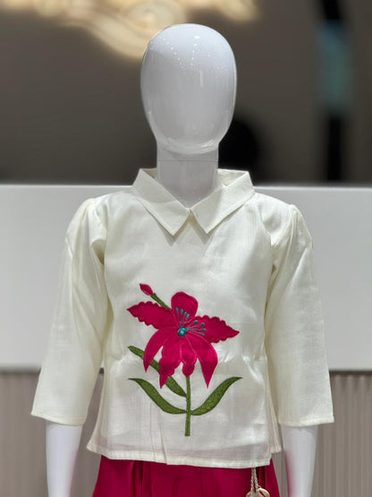 SHAGUN FASHION Cute Kids Girl Indo-Western Co-Ord Set – White Shirt with Big Flower Embroidery and Bright Rani Pink Sharara Pants
