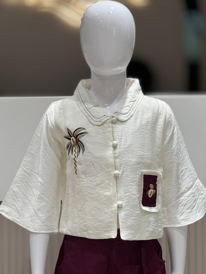 SHAGUN FASHION Trendy Kids Girl Indo-Western Co-Ord Set – Off-White Crop Shrug Jacket with Wine Red Wide-Leg Palazzo Pants