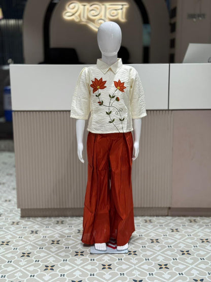 SHAGUN FASHION Trendy Kids Girl Indo-Western Co-Ord Set – Off-White Crinkle Shirt with Beautiful Rust Orange Flower Embroidery & Matching Wide-Leg Palazzo Pants