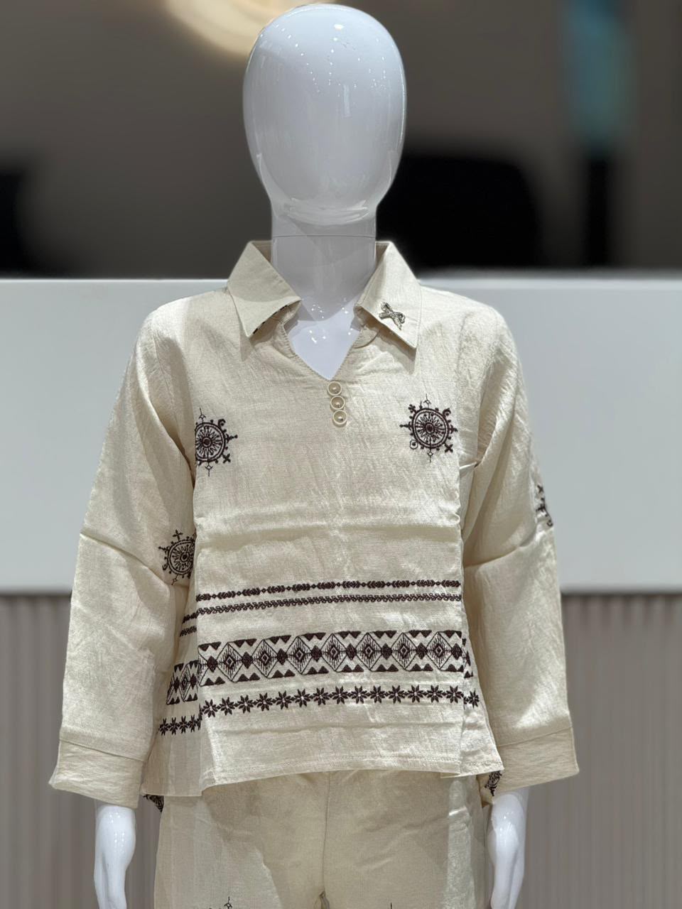SHAGUN FASHION Premium Kids Girl Indo-Western Co-Ord Set – Beige Khadi-Cotton V-Neck Shirt and Matching Wide-Leg Pants with Rich Brown Embroidery