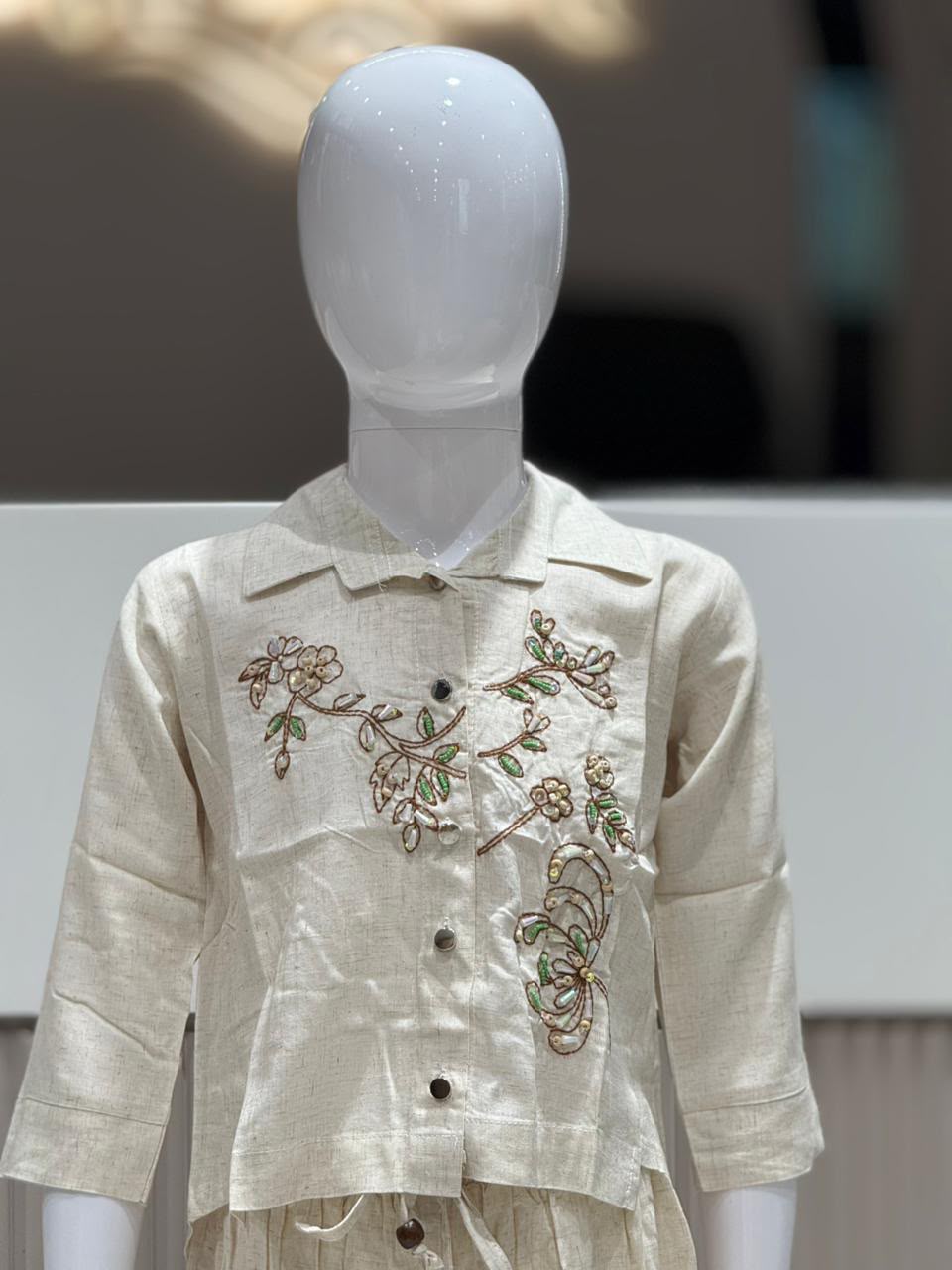 SHAGUN FASHION Premium Luxury Kids Girl Co-Ord Set – Beige Linen-Cotton Button-Up Shirt and Palazzo Pants with Fancy Glass Bead and Flower Handwork