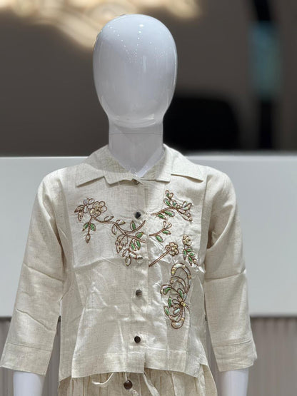 SHAGUN FASHION Premium Luxury Kids Girl Co-Ord Set – Beige Linen-Cotton Button-Up Shirt and Palazzo Pants with Fancy Glass Bead and Flower Handwork