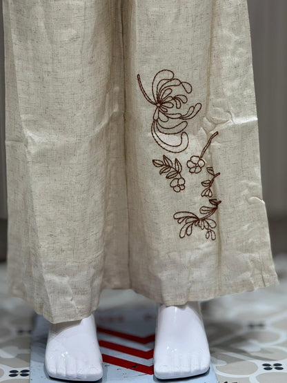 SHAGUN FASHION Premium Luxury Kids Girl Co-Ord Set – Beige Linen-Cotton Button-Up Shirt and Palazzo Pants with Fancy Glass Bead and Flower Handwork