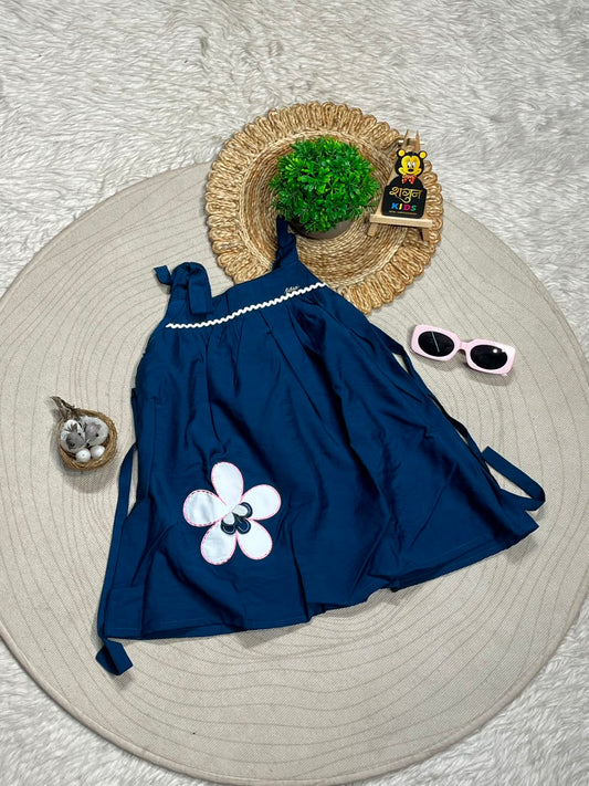SHAGUN FASHION Stylish Navy Blue Cotton Frock with Big Flower Patch for Baby Girls