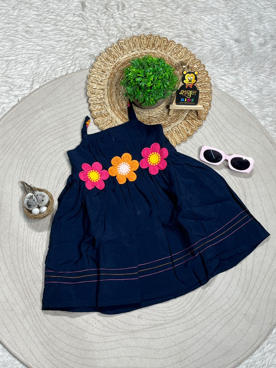 SHAGUN FASHION Beautiful Navy Blue Cotton Frock with Crochet Flowers for Baby Girls