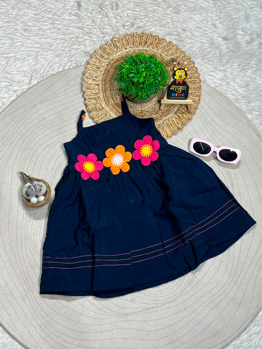 SHAGUN FASHION Beautiful Navy Blue Cotton Frock with Crochet Flowers for Baby Girls
