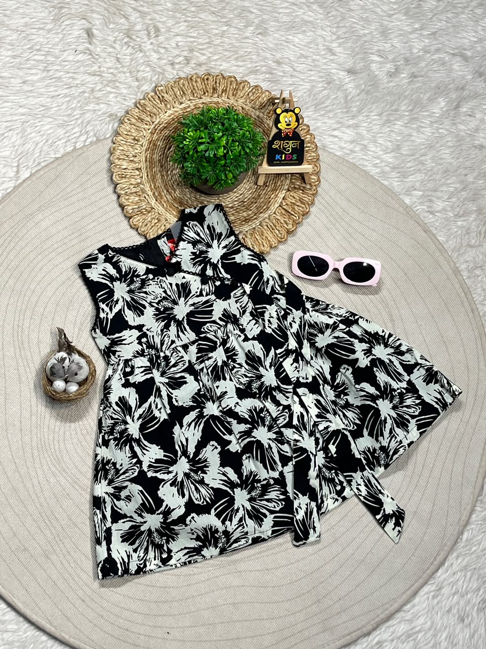 SHAGUN FASHION Classy Black & White Floral Cotton Frock for Baby Girls