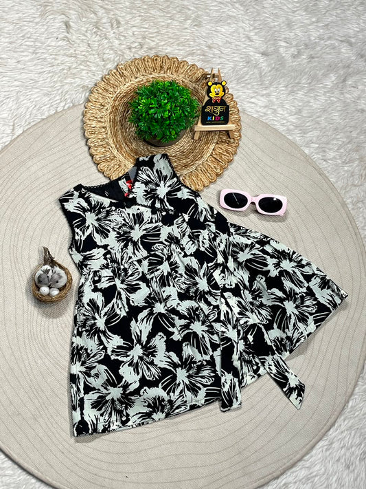 SHAGUN FASHION Classy Black & White Floral Cotton Frock for Baby Girls