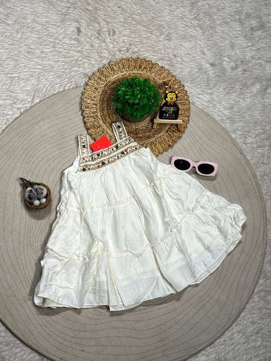 SHAGUN FASHION White Layered Frock with Beautiful Neck Embroidery for Baby Girls