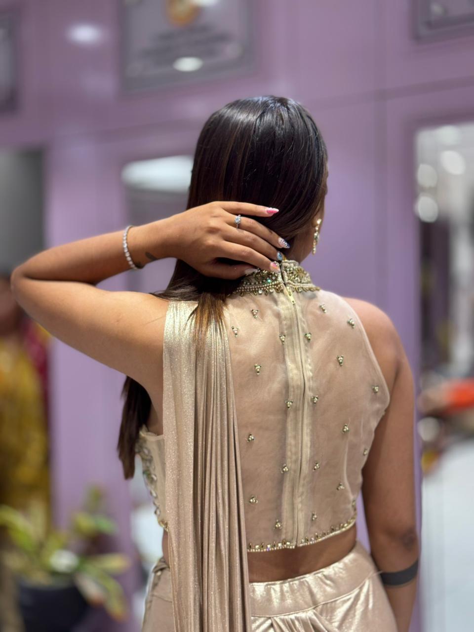 SHAGUN FASHION Stunning Metallic Gold Ready-to-Wear Dress with Heavy Handwork Blouse