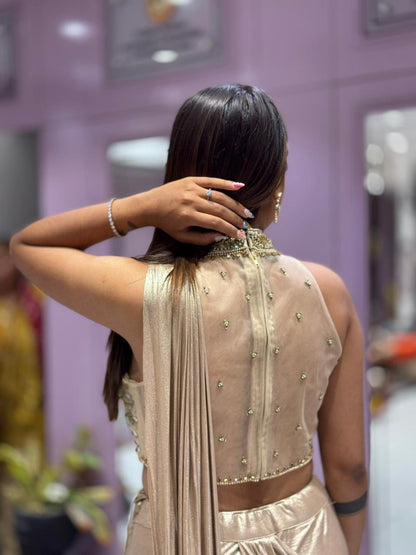 SHAGUN FASHION Stunning Metallic Gold Ready-to-Wear Dress with Heavy Handwork Blouse