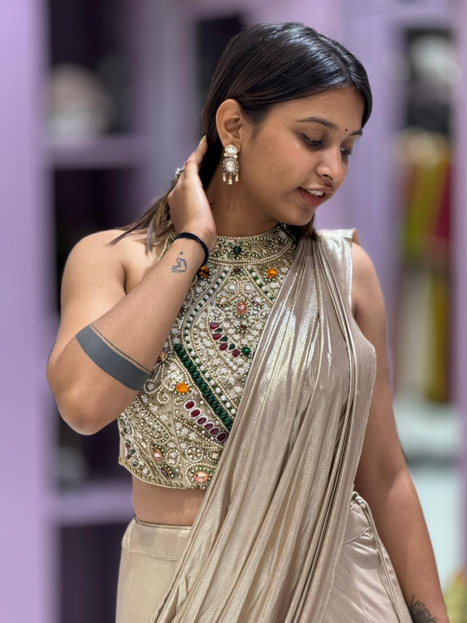 SHAGUN FASHION Stunning Metallic Gold Ready-to-Wear Dress with Heavy Handwork Blouse