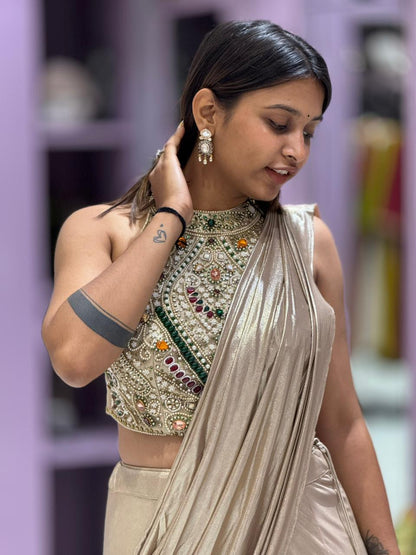 SHAGUN FASHION Stunning Metallic Gold Ready-to-Wear Dress with Heavy Handwork Blouse