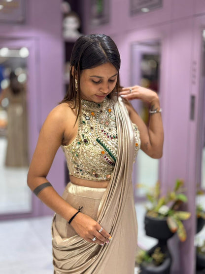 SHAGUN FASHION Stunning Metallic Gold Ready-to-Wear Dress with Heavy Handwork Blouse