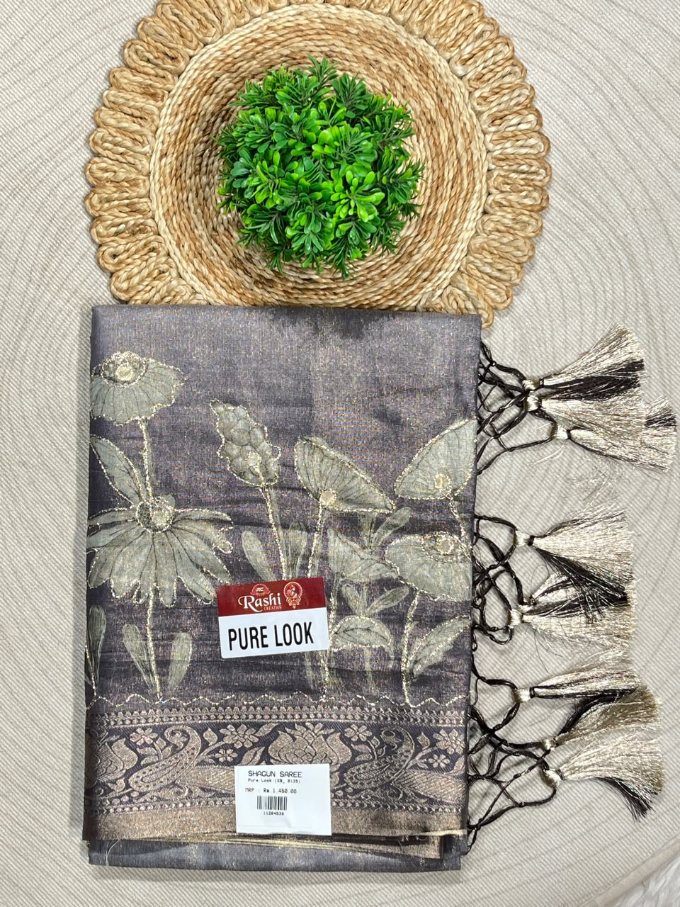 SHAGUN FASHION Premium Pure Look Shimmer Organza Saree with  Floral Border and Traditional Latkan
